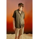 Altınyıldız Classics Erkek Haki Keten Comfort Fit Rahat Kesim Hawai Yaka Gömlek - 2XL