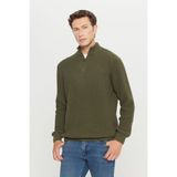 Altınyıldız Classics Erkek Haki Pamuklu Fermuarlı Bato Yaka Standart Fit Normal Kesim Jakarlı Triko Kazak - XL
