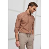 Altınyıldız Classics Erkek Kahverengi Comfort Fit Rahat Kesim Gizli Düğme Yaka %100 Pamuk Flamlı Gömlek