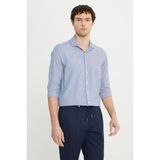 Altınyıldız Classics Erkek Lacivert-Beyaz Pamuklu Regular Fit Normal Kesim Küçük İtalyan Yaka Kazayağı Desenli Gömlek - Lacivert - Beyaz - 4XL