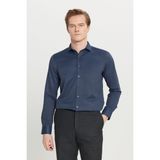 Altınyıldız Classics Erkek Lacivert Kolay Ütülenebilir Slim Fit Dar Kesim Italyan Yaka Armürlü Gömlek