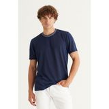 ALTINYILDIZ CLASSICS Erkek Lacivert Slim Fit Dar Kesim Bisiklet Yaka Keten Görünümlü Tişört