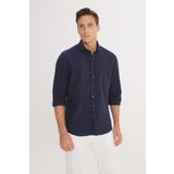 ALTINYILDIZ CLASSICS Erkek Lacivert Slim Fit Dar Kesim Italyan Yaka %100 Pamuk Gofre Gömlek