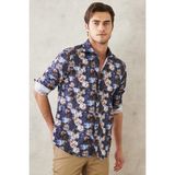 ALTINYILDIZ CLASSICS Erkek Lacivert Slim Fit Dar Kesim Italyan Yaka Baskılı Gömlek