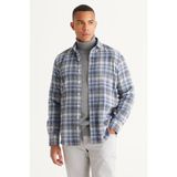 ALTINYILDIZ CLASSICS Erkek Mavi-Beyaz Slim Fit Dar Kesim Düğmeli Yaka Pamuklu Ekose Desenli Flanel Oduncu Gömlek - Mavi - Beyaz
