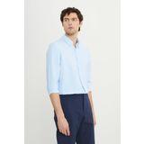 ALTINYILDIZ CLASSICS Erkek Mavi Slim Fit Dar Kesim Düğmeli Yaka Armürlü Gofre Desenli Gömlek