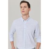 ALTINYILDIZ CLASSICS Erkek Mavi Slim Fit Dar Kesim Düğmeli Yaka Keten Görünümlü %100 Pamuk Flamlı Gömlek - XL