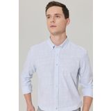 Altınyıldız Classics Erkek Mavi Slim Fit Dar Kesim Düğmeli Yaka Keten Görünümlü %100 Pamuk Flamlı Gömlek