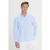 ALTINYILDIZ CLASSICS Erkek Mavi Slim Fit Dar Kesim Keten Görünümlü Gofre Desenli Düğmeli Yaka Gömlek, Mavi, S
