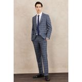 ALTINYILDIZ CLASSICS Erkek Mavi Slim Fit Dar Kesim Mono Yaka Ekose Desenli Çift Pantolonlu Takım Elbise - 46 - 6 Drop