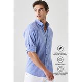 Altınyıldız Classics Erkek Saks Mavi Comfort Fit Rahat Kesim Düğmeli Yaka Casual Keten Gömlek