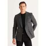 ALTINYILDIZ CLASSICS Erkek Siyah Slim Fit Dar Kesim Kırlangıç Yaka Yünlü Kruvaze Blazer Ceket - 48-6N