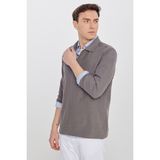 Altınyıldız Classics Erkek Vizon %100 Pamuk Triko Sweatshirt Uzun Kollu Slim Fit Dar Kesim Polo Yaka Jakarlı