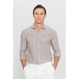 ALTINYILDIZ CLASSICS Erkek Vizon-Beyaz%100 Pamuk Oxford Slim Fit Klasik Yaka Çizgili Gömlek