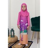 Altobeh Çocuk Namaz Takımı Pratik Tek Parça Desenli Kollu Tak Çıkar Başörtülü Likralı Tesettür Elbise (6-12 Yaş) 925-0301 - Koyu Pembe