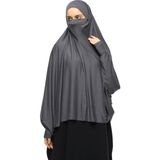 Altobeh Kollu Sufle Çarşaf Üstü Peçeli Pratik Tesettür Hijab - Nikaplı Namaz Örtüsü - Füme - Standart