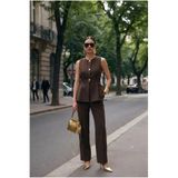 ALURA MODA Kahverengi Gold Düğmeli Peplum Yelek Ve Geniş Paça Pantolon İkili Takım