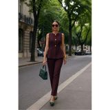 ALURA MODA Mürdüm Gold Düğmeli Peplum Yelek Ve Geniş Paça Pantolon İkili Takım