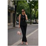 ALURA MODA Siyah Gold Düğmeli Peplum Yelek Ve Geniş Paça Pantolon İkili Takım