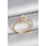 Alvenda Home Pirinç Gold Renk Beyaz Mineli Pembe Zirkon Taşlı Çiçek Model Kadın Yüzük TJ-BYK3709