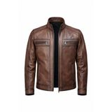 Always Leather Erkek Hakiki Deri Kahverengi Dik Yaka Ceket | Fermuarlı, Çift Göğüs Fermuar Cepli, Yan Cepli Kahverengi S