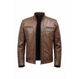 Always Leather Erkek Hakiki Deri Kahverengi Dik Yaka Ceket | Kapitone Omuz, Fermuarlı, Çift Göğüs Fermuar Cepli Kahverengi 3XL