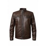 Always Leather Erkek Hakiki Deri Kahverengi Dik Yaka Ceket | Kapitoneli Astarlı, Fermuarlı, Çift Göğüs Cepli Kahverengi S