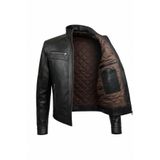 Always Leather Erkek Hakiki Deri Siyah Dik Yaka Deri Ceket | Kapitoneli Astarlı, Fermuarlı, Göğüs Fermuar Cepli Siyah S