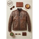 Always Leather Erkek Kahverengi Hakiki Deri Ceket – Dik Yaka, Fermuarlı, Dikey Göğüs Cepli, Şık Mont Kahverengi M