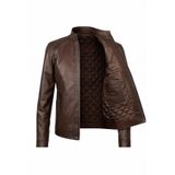 Always Leather Erkek Kahverengi Hakiki Deri Ceket – Dik Yaka, Puntolu Kapitone Astar, Fermuarlı, Cepli Kahverengi L