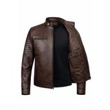 Always Leather Erkek Kuzu Derisi Deri Ceket Kahverengi – Slim Fit, Fermuarlı, Kapitone Omuz Detay Kahverengi 3XL