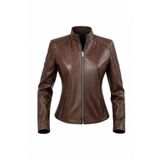 Always Leather Kadın Acı Kahve Hakiki Deri Ceket - Yanları Nervürlü Hakim Yaka Model Kahverengi S