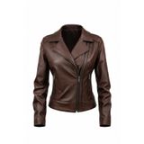Always Leather Kadın Hakiki Deri Ceket - Asimetrik Fermuarlı Biker Model Kahverengi 5XL
