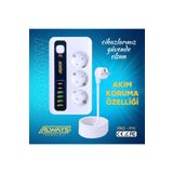 ALWAYS TEKNOLOJİ Akım Korumalı 4 USB'li ve 3 TYPE-C li 3'lü Grup Priz 2 m Uzatma Kablosu Beyaz