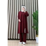 ALYA DOĞA TAKIM Kristal Kumaş Kadın Bordo Kolları ve Eteği Manşet Detaylı Pantolonlu İkili Tesettür Takım