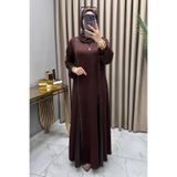 ALYA NUR ELBİSE Kristal Belis Kumaş Kadın Kahverengi Yanları Yapıştırma Taşlı ve Deri Detaylı Şık Tesettür Elbise