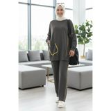 ALYA ÖZGÜL TAKIM Kristal Kumaş Kadın Füme Cep Detaylı Şeritli Pantolonlu Tesettür Spor İkili Takım