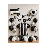 ALYA PARTİ Siyah Beyaz Futbol Taraftar Temalı Doğum Günü Seti – Forma, Top ve Bayrak Folyo Balon + Happy Birthday Banner + Lateks Balon