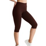 ALYA UNDERWEAR Diz Altı Kapri Tayt Yüksek Bel Likralı Parlak Dalgıç Kumaş, Kahverengi, M
