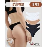 Alya Underwear Kadın Fitilli Kumaş Tanga Külot Pamuklu, 2 Adet Siyah, 2 Adet Beyaz, 1 Adet Pudra, L - Siyah - Beyaz - Pudra