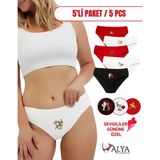 ALYA UNDERWEAR Kadın Kırmızı Slip Külot, Baskılı Pamuklu Iç Çamaşırı - 5'li Paket, P51 - L - Kırmızı - Beyaz - Siyah