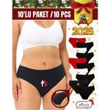 Alya Underwear Kadın Pamuklu Kırmızı Siyah Beyaz Yeni Yıl Baskılı Külot, 10'lu Paket (Multicolor - X40) - Kırmızı - Siyah - Beyaz - 2XL
