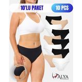 Alya Underwear Kadın Pamuklu Külot Basic Slip Renkli 10'lu Paket Yüksek Bel Iç Çamaşırı ( MULTICOLOR-X35) - Siyah - Beyaz - Ten