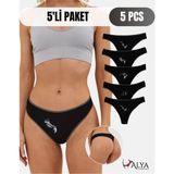 Alya Underwear Kadın Pamuklu Tanga Külot, Kedi Baskılı String, Siyah, 5'li Paket, M - Kedili