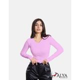 Alya Underwear Kaşkorse V Yaka Body Sweatshirt, Fitilli Kumaş Bluz Likralı, Lila Badi - 2XL