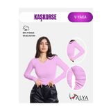 ALYA UNDERWEAR Kaşkorse V Yaka Body Sweatshirt, Fitilli Kumaş Bluz Likralı, Lila Badi