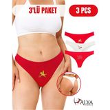 Alya Underwear Pamuklu Kadın String , Kırmızı Baskılı Tanga Külot 3'lü Paket, Xl - Beyaz - Kırmızı
