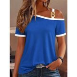 Alyn Wear Kadın Kısa Kollu Tek Omuzu Açık Askı Toka Detaylı Viskon Bluz - Mavi - 2XL - 3XL