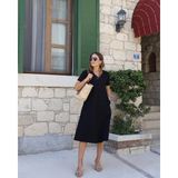 Alyn Wear Kadın Kısa Kollu V Yaka Cepli A Kesim Detaylı Viskon Elbise - Standart - Siyah
