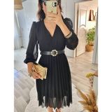 Alyn Wear Kadın Şifon Kumaş Astalı Kloş Kesim Kruvaze Yaka Midi Boy Elbise - Siyah